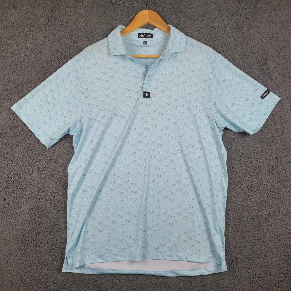 Bad Birdie "Lil' Mingos Mens Golf Polo Shirt Blue Flamingo Performance Large